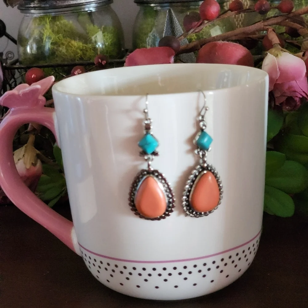 Boho Western Drop Earrings Coral and Turquoise 2" - Picture 2 of 5